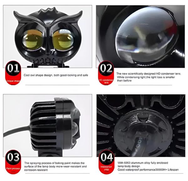 2 Pcs Owl Shape Fog Yellow-white & Flash Light Low & High Beam Owl Plastic Body Spot Light For All Cars And Bikes 9v-60v 40w